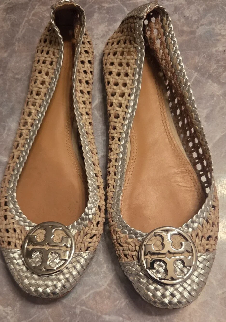 Tory Burch Silver & Tan Woven Ballet Flats